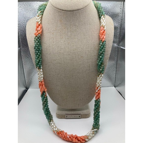 Vintage natural coral green quartz faux pearl beaded long Necklace